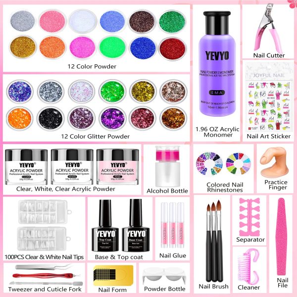 Acrylic Nail Kit, 24 Color Glitter Acrylic Powder Monomer Liquid Set, Nail Kit Set Professional With Everything Acrylic Brushes And 200 Pcs Nail Tips For Extension Beginner - 图片 4