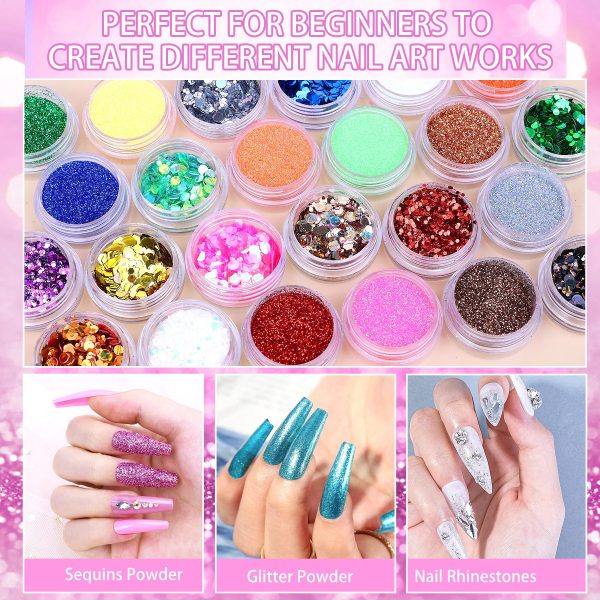 Professional Acrylic Nail Kit, With Pink Nail UV LED Lamps, Acrylic Powders, Base Top Coat, Nail Tips, Rhinestones, Nail Decorations And Nail Art Tools - 图片 7