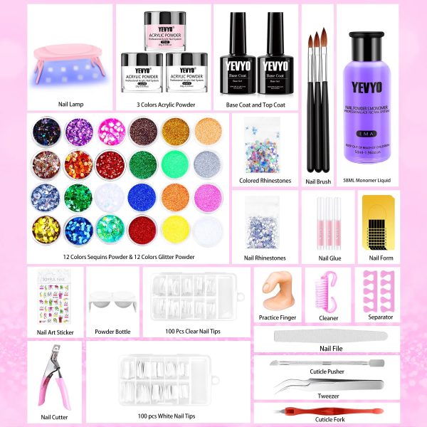 Professional Acrylic Nail Kit, With Pink Nail UV LED Lamps, Acrylic Powders, Base Top Coat, Nail Tips, Rhinestones, Nail Decorations And Nail Art Tools - 图片 6