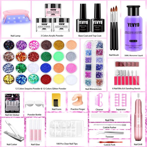 Acrylic Nail Kit With Drill And UV Light, Nail Kit For Beginners With Everything, 24 Glitter Colors Acrylic Powder, 3 Colors Acrylic Powder, 1.96oz Monomer Liquid - 图片 8
